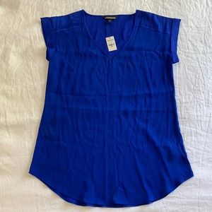 Express Blue V-Neck Rolled Sleeveless Blouse Top